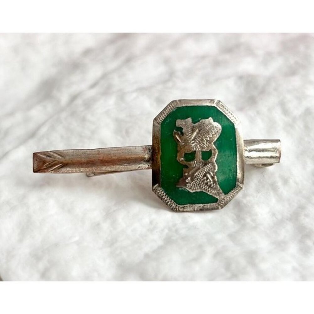 Green Guilloche Siam Sterling Silver Southwest Style 925 Vintage Tie Bar Clip